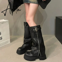 Brand Desinger Knight Women Mid Calf Boots Chunky High Heeled Platform Punk Motorcycle Long Booties Goth Street Shoes For Women Aiertu