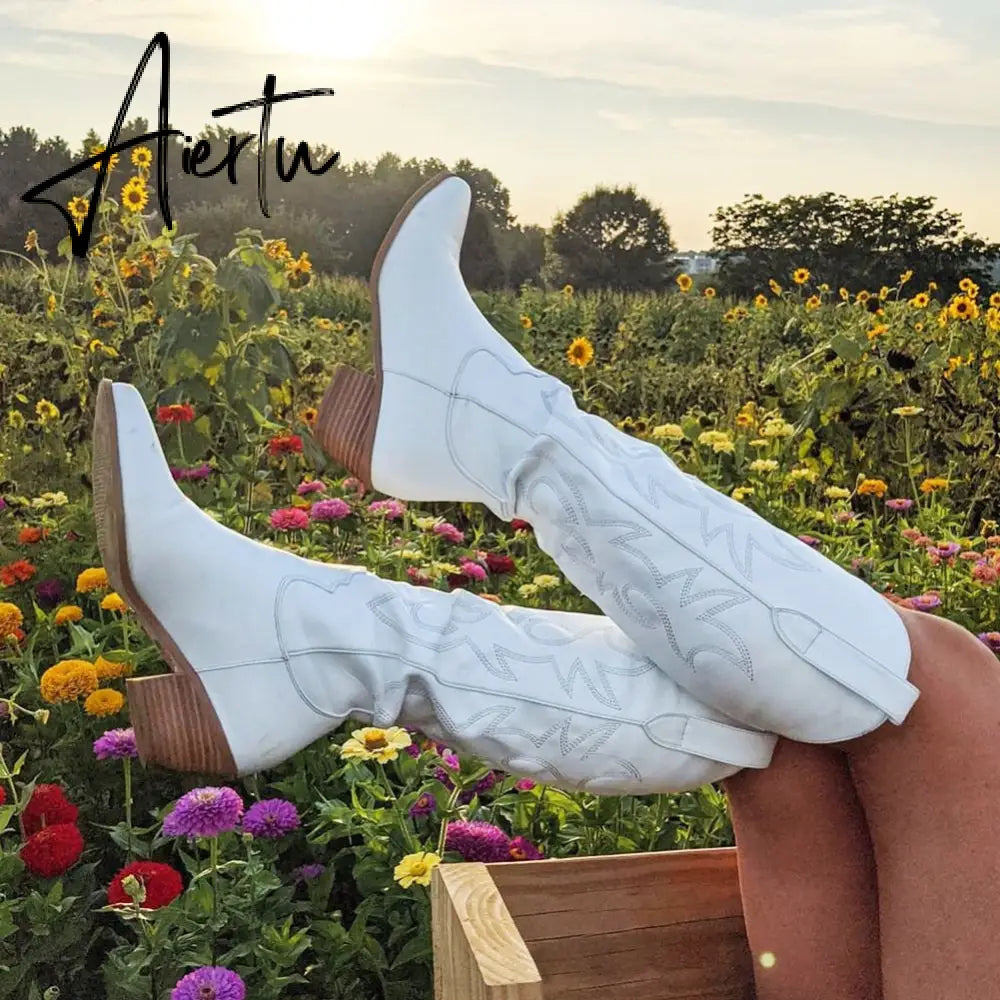 Brand New Big Size 45 Female Western mid calf Boots Chunky Heels Slip On Autumn Winter Cowboy Boots Women Retro Shoes For Woman Aiertu