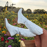 Brand New Big Size 45 Female Western mid calf Boots Chunky Heels Slip On Autumn Winter Cowboy Boots Women Retro Shoes For Woman Aiertu