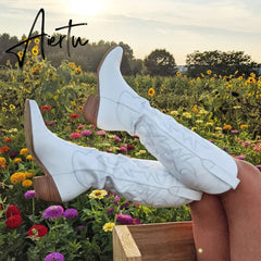 Brand New Big Size 45 Female Western mid calf Boots Chunky Heels Slip On Autumn Winter Cowboy Boots Women Retro Shoes For Woman Aiertu