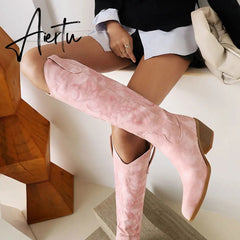 Brand New Big Size 45 Female Western mid calf Boots Chunky Heels Slip On Autumn Winter Cowboy Boots Women Retro Shoes For Woman Aiertu
