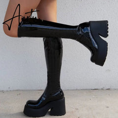 Brand New Design Autumn Winter Knee High Boots Gothic Punk Motorcycle Boots Women Platform Chunky High Heels Shoes For Woman Aiertu
