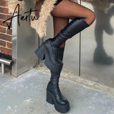 Brand New Design Autumn Winter Knee High Boots Gothic Punk Motorcycle Boots Women Platform Chunky High Heels Shoes For Woman Aiertu