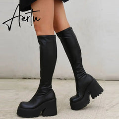 Brand New Design Autumn Winter Knee High Boots Gothic Punk Motorcycle Boots Women Platform Chunky High Heels Shoes For Woman Aiertu