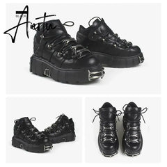 Brand Punk Style Women Shoes Lace-up heel height 6CM Platform Shoes Woman Gothic Ankle Boots Metal Decor Woman Sneakers Aiertu