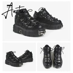 Brand Punk Style Women Shoes Lace-up heel height 6CM Platform Shoes Woman Gothic Ankle Boots Metal Decor Woman Sneakers Aiertu