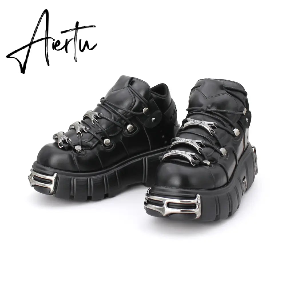 Brand Punk Style Women Shoes Lace-up heel height 6CM Platform Shoes Woman Gothic Ankle Boots Metal Decor Woman Sneakers Aiertu