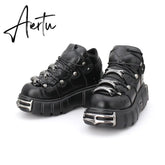 Brand Punk Style Women Shoes Lace-up heel height 6CM Platform Shoes Woman Gothic Ankle Boots Metal Decor Woman Sneakers Aiertu