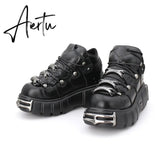 Brand Punk Style Women Shoes Lace-up heel height 6CM Platform Shoes Woman Gothic Ankle Boots Metal Decor Woman Sneakers Aiertu