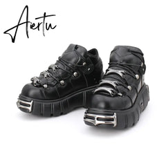 Brand Punk Style Women Shoes Lace-up heel height 6CM Platform Shoes Woman Gothic Ankle Boots Metal Decor Woman Sneakers Aiertu
