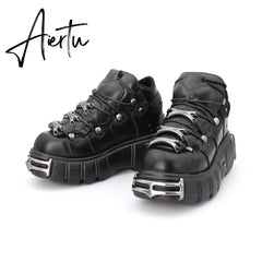 Brand Punk Style Women Shoes Lace-up heel height 6CM Platform Shoes Woman Gothic Ankle Boots Metal Decor Woman Sneakers Aiertu