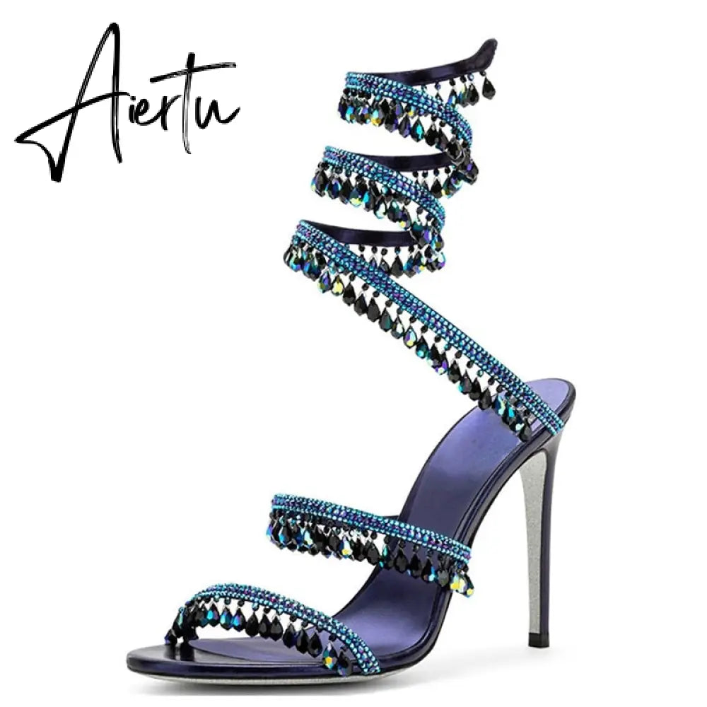 Brand Women's Serpentine Winding Tape Crystal Sandals High Heel Ankle Snake-shaped Lace-ups Sexy Rhinestone Woman's Shoes 34-43 Aiertu