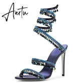 Brand Women's Serpentine Winding Tape Crystal Sandals High Heel Ankle Snake-shaped Lace-ups Sexy Rhinestone Woman's Shoes 34-43 Aiertu