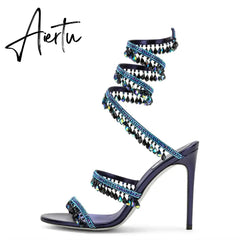 Brand Women's Serpentine Winding Tape Crystal Sandals High Heel Ankle Snake-shaped Lace-ups Sexy Rhinestone Woman's Shoes 34-43 Aiertu