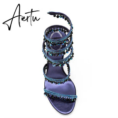 Brand Women's Serpentine Winding Tape Crystal Sandals High Heel Ankle Snake-shaped Lace-ups Sexy Rhinestone Woman's Shoes 34-43 Aiertu