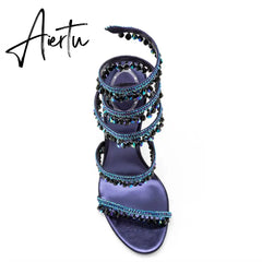 Brand Women's Serpentine Winding Tape Crystal Sandals High Heel Ankle Snake-shaped Lace-ups Sexy Rhinestone Woman's Shoes 34-43 Aiertu