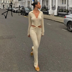 Button Ribbed Knitted Jumpsuit Two Piece Set Fall Winter Clothes Sexy White Long Sleeve Bodycon Jumpsuits Aiertu