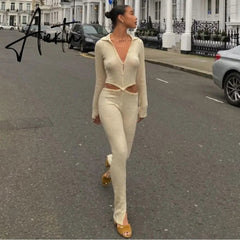 Button Ribbed Knitted Jumpsuit Two Piece Set Fall Winter Clothes Sexy White Long Sleeve Bodycon Jumpsuits Aiertu