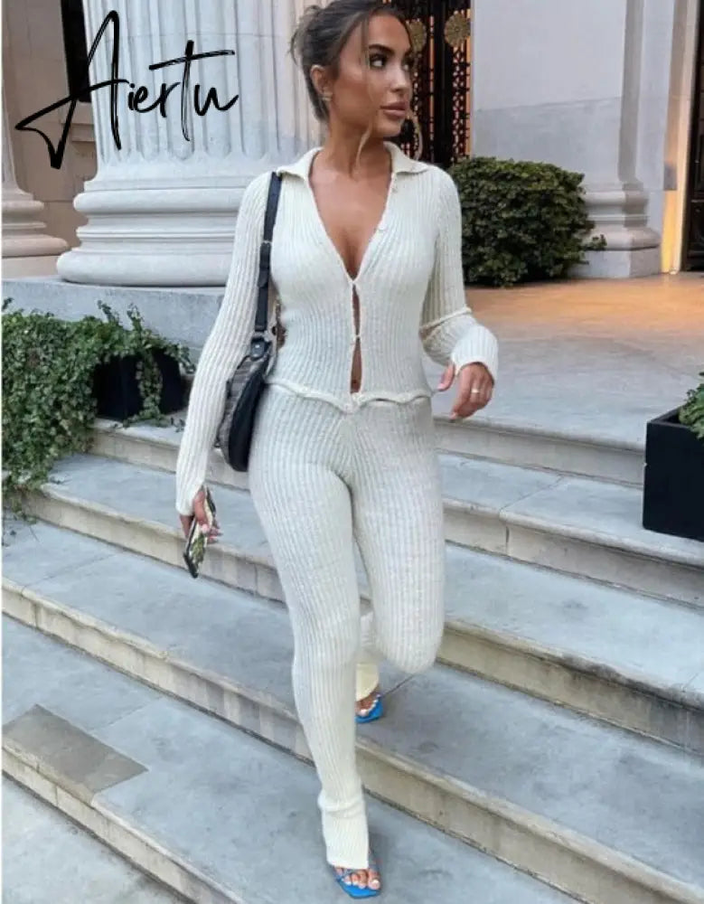 Button Ribbed Knitted Jumpsuit Two Piece Set Fall Winter Clothes Sexy White Long Sleeve Bodycon Jumpsuits Aiertu