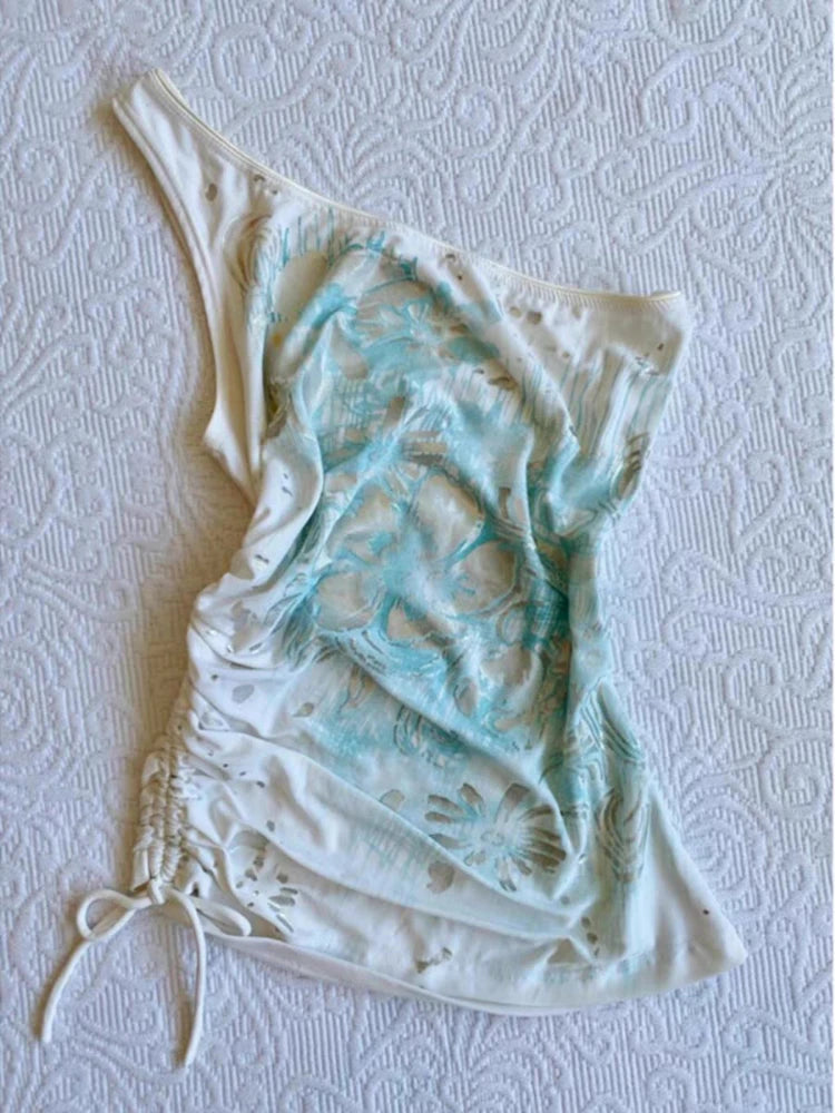 Aiertu - Summer Vintage Women One Shoulder Tank Y2k Aesthetic Flower Printing Slim Tunic Drawstring Vest Streetwear Fairy Grunge Camis Aiertu