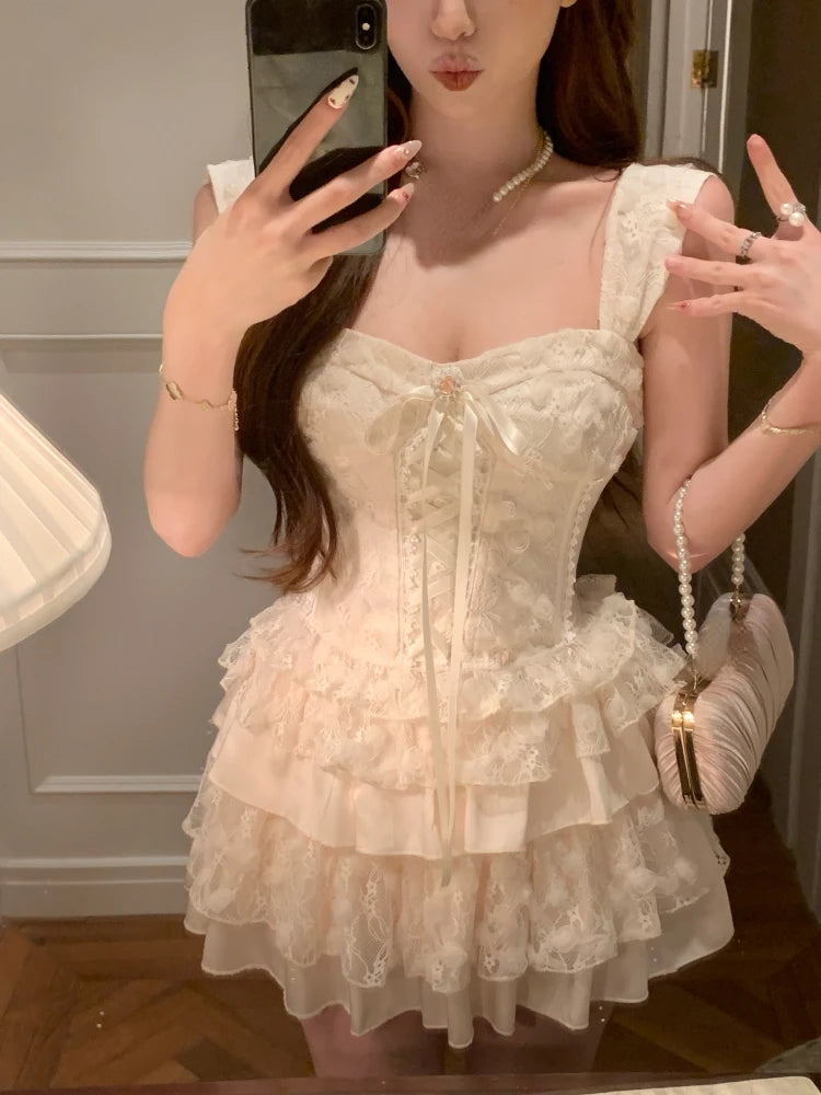 Aiertu - Elegant Sweet 2 Piece Skirt Sets Female Lace Pleated Y2k Crop Top + Cute Mini Cake Skirts Japanese Lolita Vintage Suits Summer Aiertu
