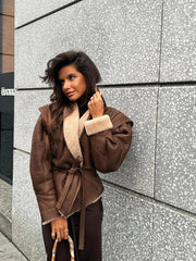 Aiertu - Fashion Warm Furry Leather Woman Jacket With Belt Chic Lapel Long Sleeve Motorcycle Coat Lady 2026 Winter High Street Outerwear Aiertu
