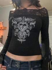 Aiertu - summer inspo Gothic Retro Lace Trim Slash Neck Blouses Women?Long Sleeve Y2k Darkly Chic Print Autumn Trendy Fashion Tops Aiertu