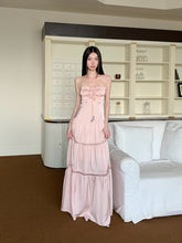 Aiertu Shirred Lace-Up Tube Top Suspender Dress for Women Hollow Splicing Long Skirt Pink Island Resort Style Satin 1688