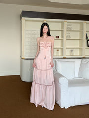 Aiertu Shirred Lace-Up Tube Top Suspender Dress for Women Hollow Splicing Long Skirt Pink Island Resort Style Satin 1688