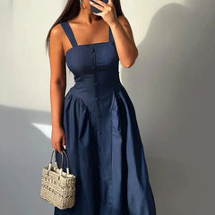 Aiertu - Maxi Dress Women's Summer Casual Solid Suspender Sleeveless Nipped Waist Pleated Single Breasted Button Holiday Dresses Aiertu