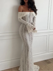 Aiertu - White Lace Up Hollow Out Long Dress For Women Elegant Slash Neck Long Flare Sleeve Slim Vestidos Autumn New Street Evening Robes Aiertu