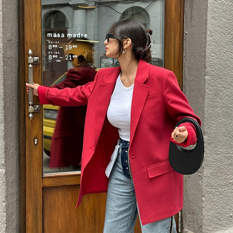 Aiertu - Elegant Red Lapel Blazer Coats Women Loose One Button Long Sleeve Solid Jackets 2026 Autumn New Female Urban Tops Streetwear Aiertu