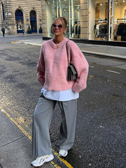 Aiertu - Fall Outfits 2026 Casual Pink Women Cashmere Knitted Sweater Drop Shoulder Round Neck Knit Pullover New Autumn Lady Loose Fit Long Sleeve Jumper Aiertu