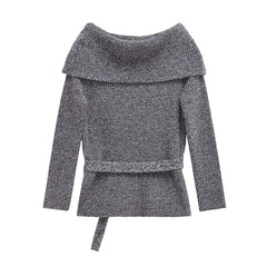 Aiertu - High Street Women Sexy Off Shoulder Knit Sweater Long Sleeve With Belt Slim Gray Pullover Female Autumn Winter Knitwear Aiertu