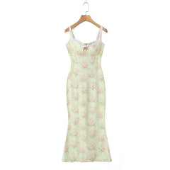 Aiertu - French Style Floral Print Sling Dress Women Sexy Slit Holiday Summer Dresses Elegant Lady Prairie Chic Party Robe Midi Vestidos Aiertu