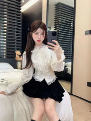 Aiertu Horn Bubble Sleeve Shirt Women's Half High Collar Top Lace Bottom Shirt Aiertu