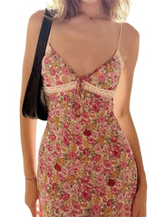 Aiertu Women Sleeveless Y2k Sexy Beach Style Camisole Dress with Flower Pattern Lace Patchwork V Neck Long Type Summer Clothing Aiertu