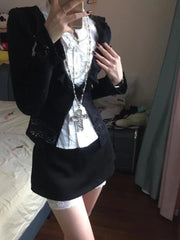 Aiertu - French Sweet Cool Harajuku Popular 3 Piece Sets Y2k Exquisite Draped White Blouse Black Cardigan Japan Punk Streetwear Skirts Aiertu