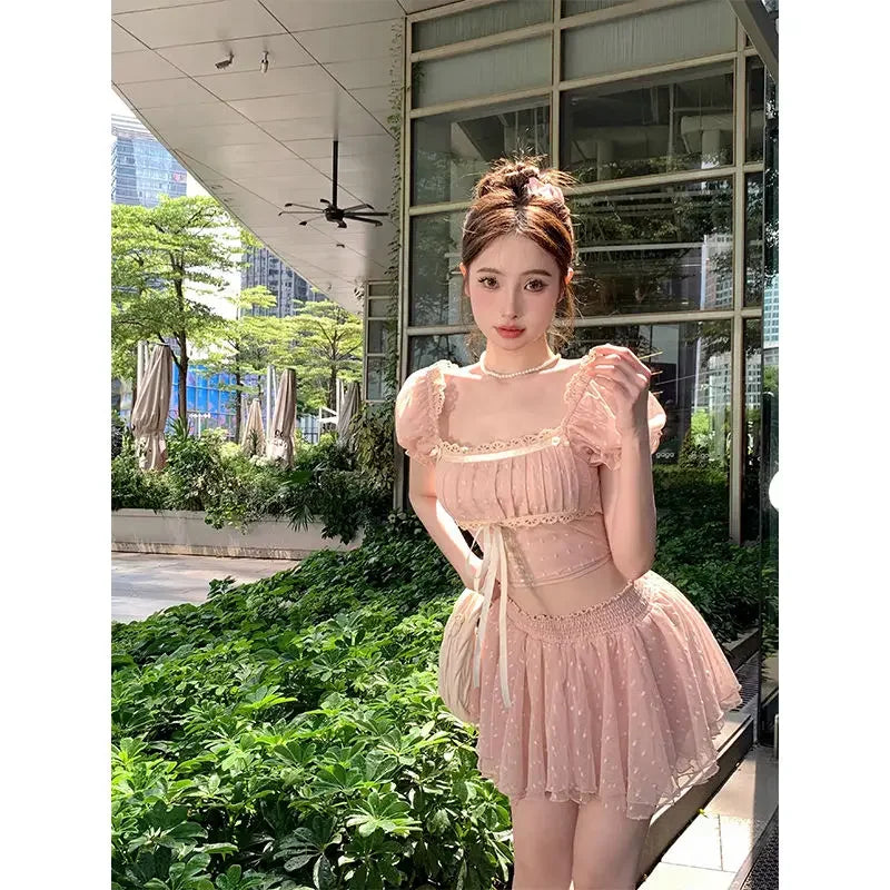 Aiertu - Sweet hot girl suit women's summer polka dot bubble sleeve top high waist lace a-line skirt two-piece set fashion female clothes Aiertu