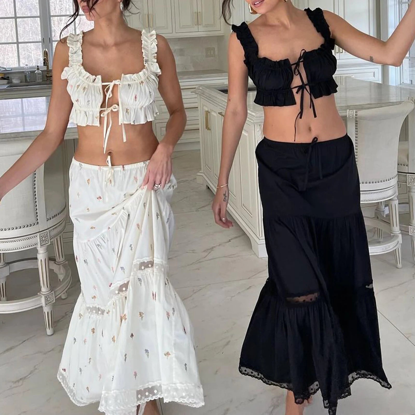 Aiertu - Vintage Frill Strap Front Tie Up Crop Tops + Maxi A-line Skirt Elegant Women Chic 2 Piece Set Fairy Y2K Matching Outfits Aiertu