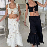 Aiertu - Vintage Frill Strap Front Tie Up Crop Tops + Maxi A-line Skirt Elegant Women Chic 2 Piece Set Fairy Y2K Matching Outfits Aiertu