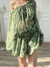 AIERTU - French Chic One Shoulder Green Floral Dress Women Ruffle Trim Mini Dress Vacation Style New Summer Popular Beach Holiday Aiertu