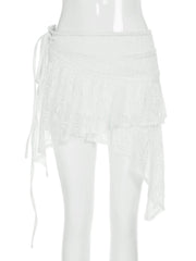Aiertu - Holiday Bandage Lace Asymmetrical Skirts Beach Style See Through Slim Mid-Waisted Mini Skirts Women 2025 Summer Fashion Aiertu