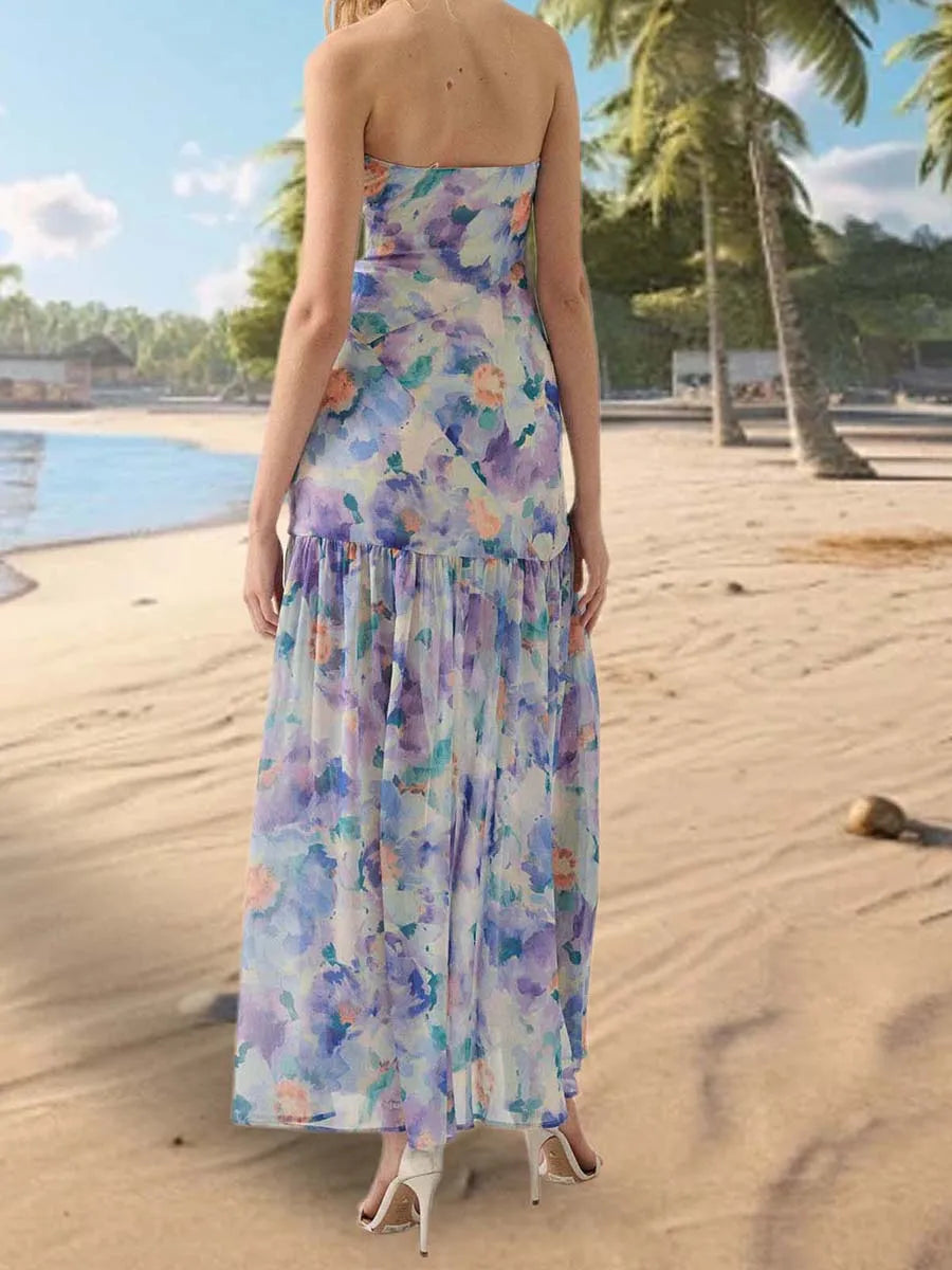 Aiertu - Women s Floral Print Off Shoulder Maxi Dress with Sleeveless Bandeau Top for Summer Beach Vacation Aiertu