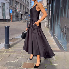 Aiertu - Maxi Dress Women Summer Casual Fashion Square Neck Print Suspender Sleeveless Pleated Backless Party Maxi Dresses Aiertu
