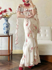 Aiertu - Women Off Shoulder Ruffle Maxi Dress Elegant Floral Print Slim Fit Long Dress Vintage Fairy Style Summer Party Dress 2025 New Aiertu