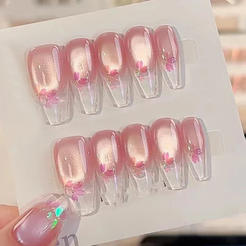 Aiertu 10pcs Aurora Cat Eye Coffin Handmade Press on Nails Cherry Blossom False Nails Sweet French Tip Nail Art Wearable Manicure Nails Aiertu