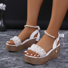 Aiertu Chic Faux Pearl Wedge Sandals - Open Toe, Ankle Strap, Platform Heel in Solid Color Aiertu