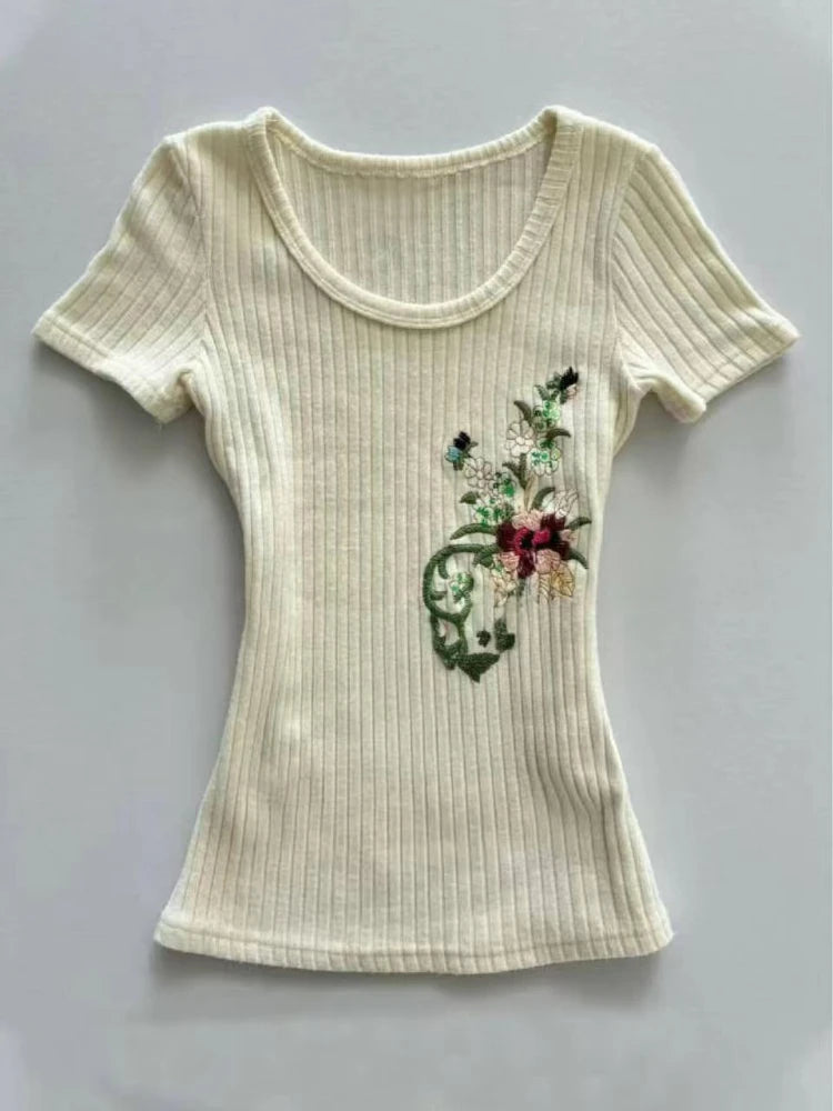 Aiertu - Sweet Knitted Harajuku Flower Embroidery T-shirts Vintage Bodycon Grunge Fairy Tops Women 2025 Summer Y2k Aesthetic Apricot Tees Aiertu
