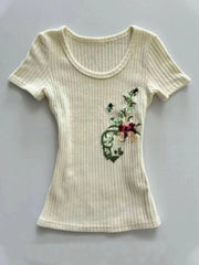 Aiertu - Sweet Knitted Harajuku Flower Embroidery T-shirts Vintage Bodycon Grunge Fairy Tops Women 2025 Summer Y2k Aesthetic Apricot Tees Aiertu